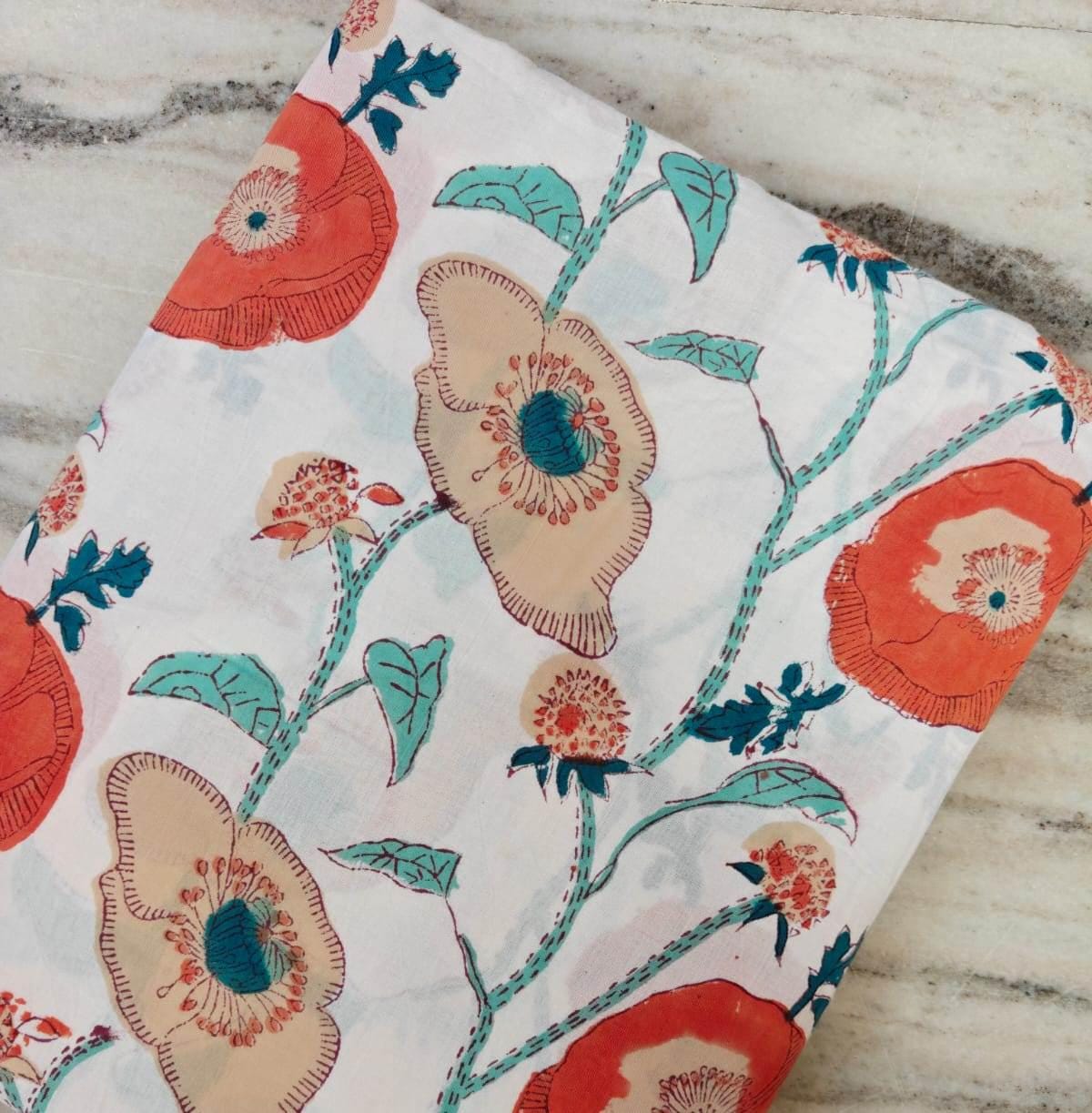 New Arrival Fabric Coral Poppy Cotton Fabric by the Yard, Cream Floral Botanical Print, Teal Leaf Fabric For Dress Making Quilting Fabric