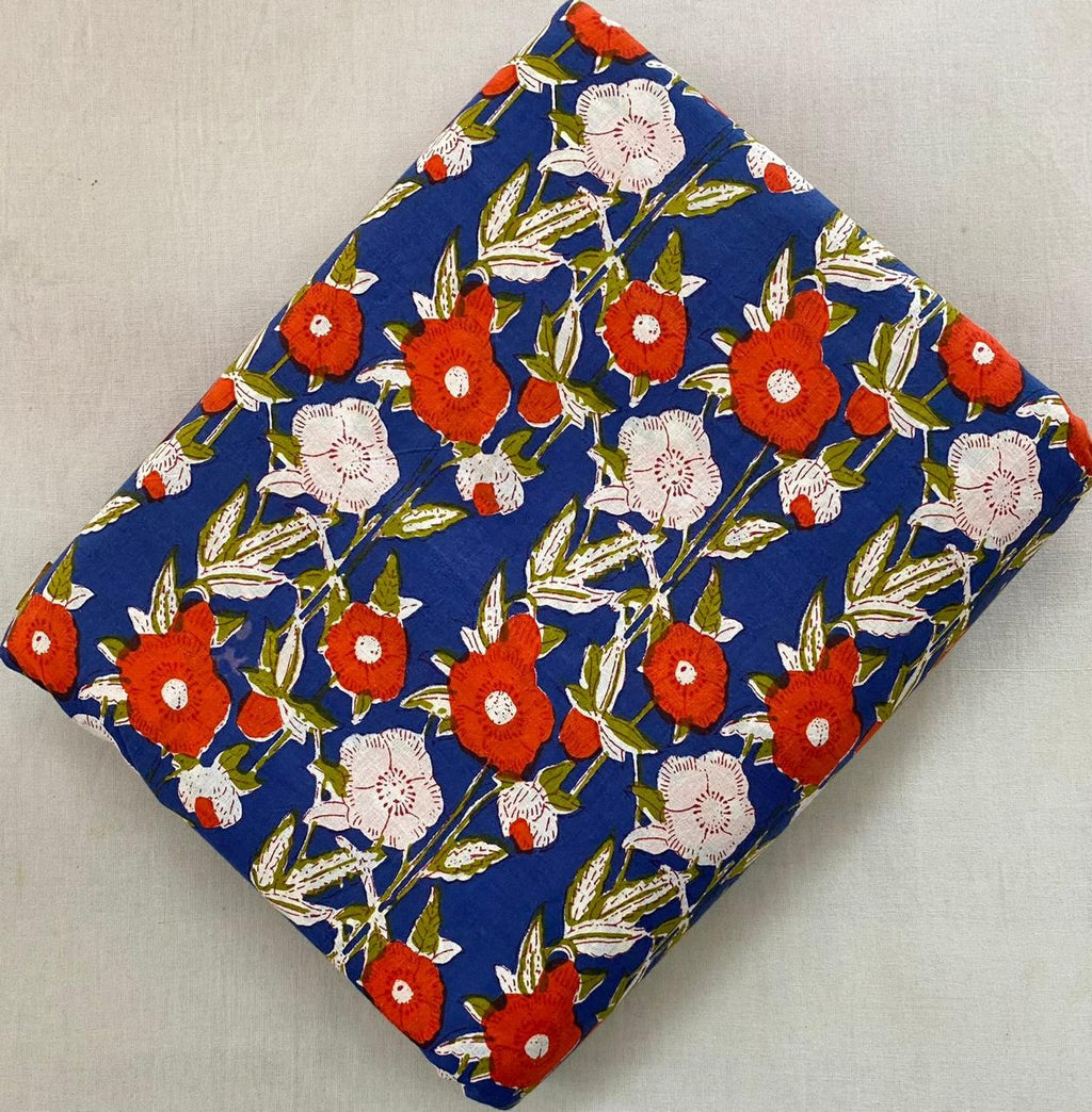 Navy Blue Floral Cotton Fabric by Yard, Red White Flower Print Fabric, Indian Block Print Cotton, Quilting Sewing Dressmaking Craft Material
