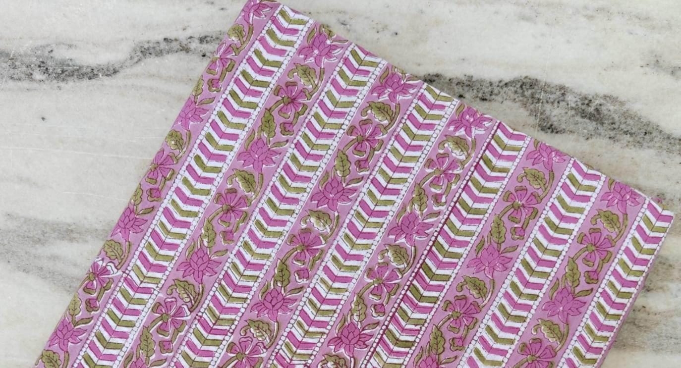 Pink Designer Hand Block Print Fabric, Floral 100% Cotton Quilting Fabric By The Yard, Fabric For Dress Making, Loose Running Fabric
