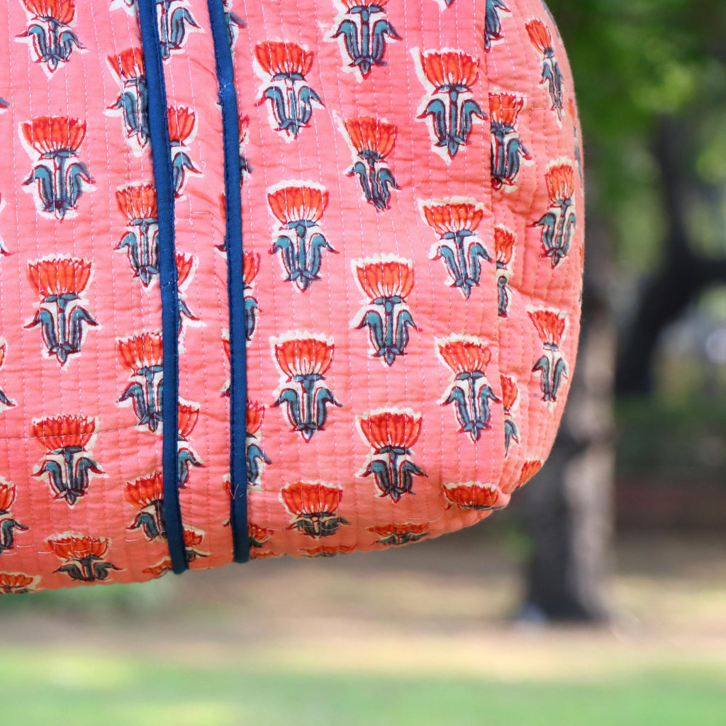 Indian Hand Block Print Handmade Yoga Mat Bag, Multi Color Flower Duffle Bag, Pink Flower Yoga Mat Holder Flower Print Gym Bag Overnight Bag