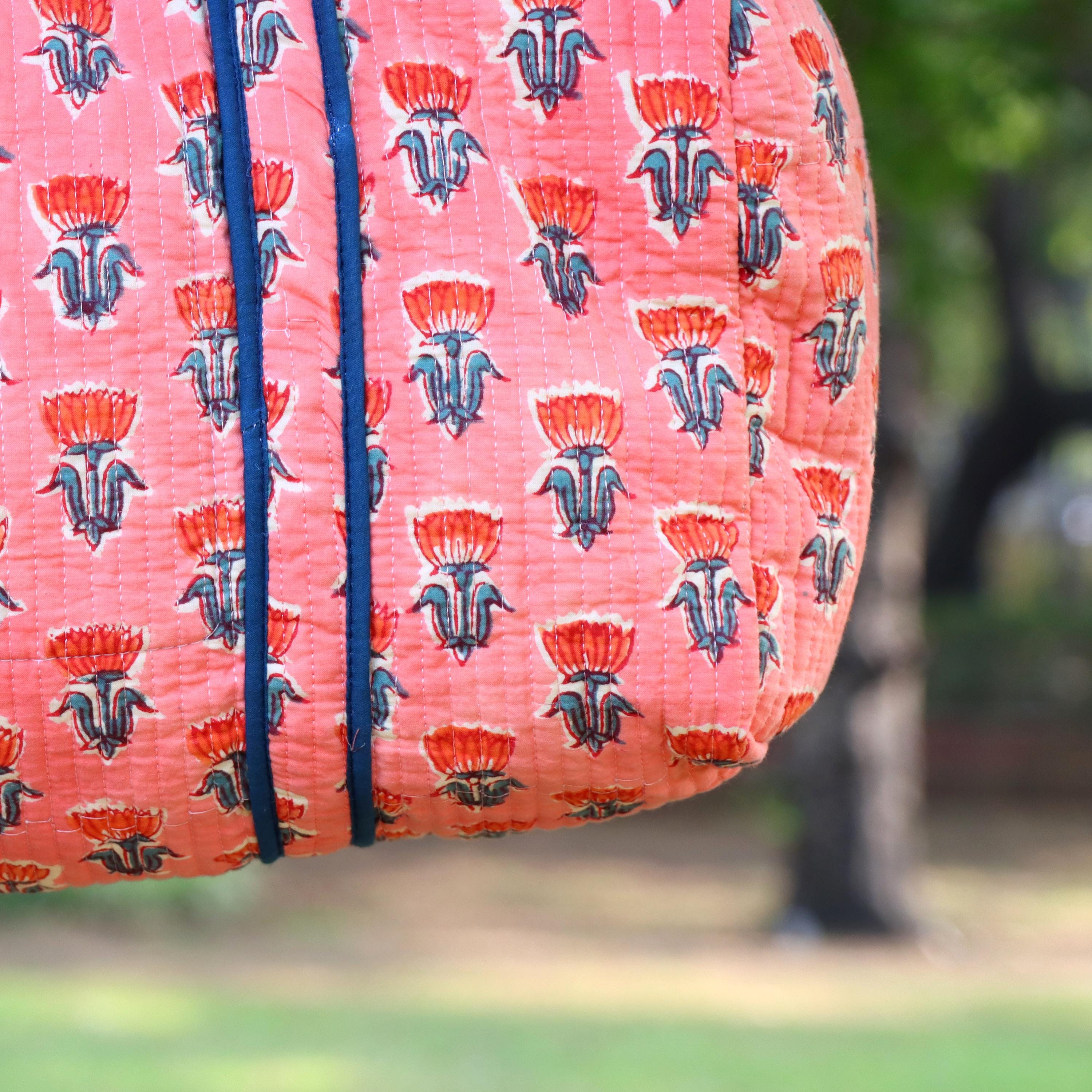 Indian Hand Block Print Handmade Yoga Mat Bag, Multi Color Flower Duffle Bag, Pink Flower Yoga Mat Holder Flower Print Gym Bag Overnight Bag