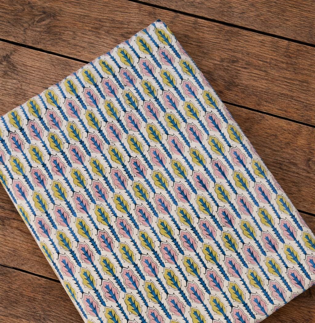 Block Print Leaf Pattern Floral Cotton Fabric | Hand Block Print Fabric | Colorful Indian Cotton Fabric | Sewing Quilting Craft Fabric