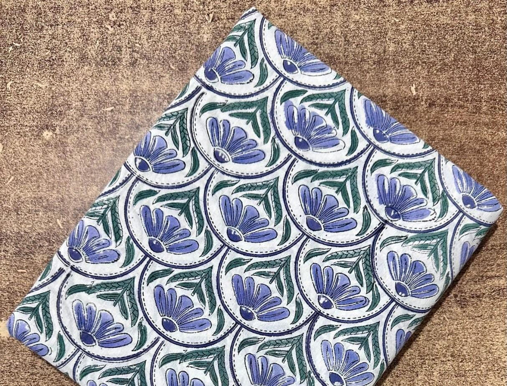Blue Floral Hand Block Print Cotton Fabric, White Indian Block Printed Cotton by Yard, Ethnic Flower Fabric for Dressmaking, Home Decor