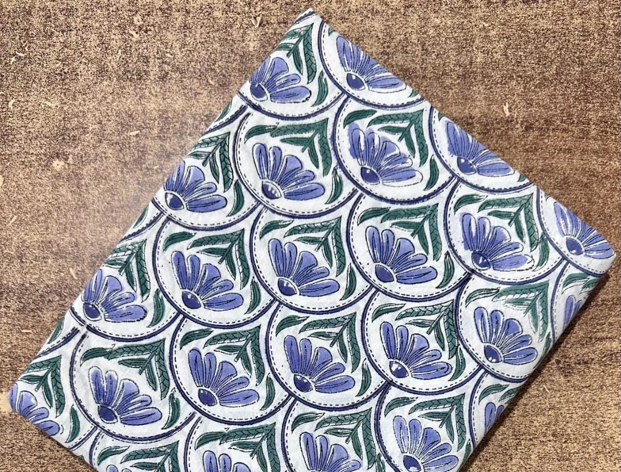 Blue Floral Hand Block Print Cotton Fabric, White Indian Block Printed Cotton by Yard, Ethnic Flower Fabric for Dressmaking, Home Decor