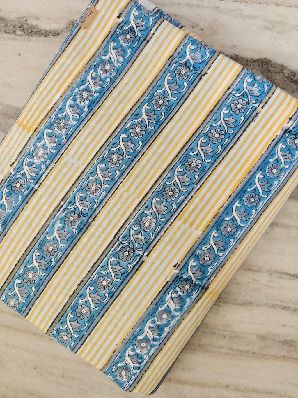Blue Floral Stripe Cotton Fabric, Yellow Striped Cotton, Block Print Style Fabric, Craft Fabric, Indian Floral Stripe Cotton by the Yard