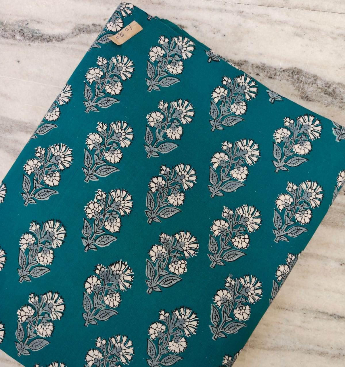Teal Floral Cotton Fabric by the Yard, Indian Block Print Fabric, Small Buta Print Fabric, Boho Sewing Quilting Fabric, Dressmaking Textile