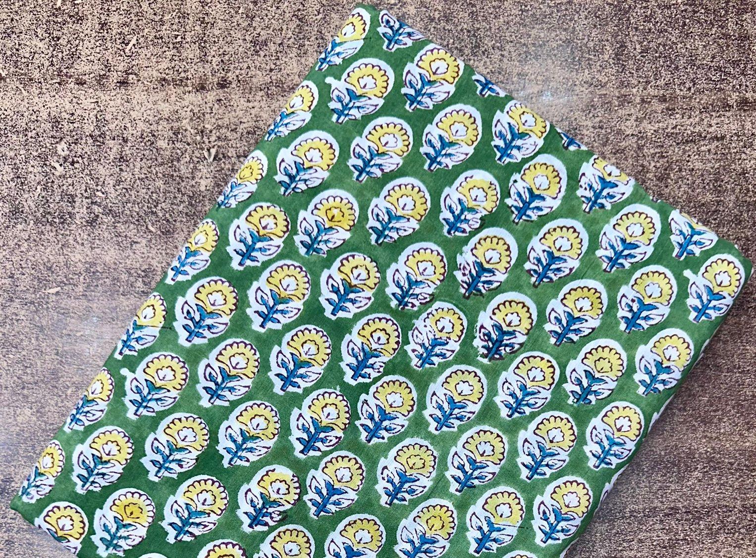 Green Floral Block Print Cotton Fabric, Indian Hand Printed Fabric by Yard, Boho Flower Pattern for Sewing Quilting, Running Cotton Fabrics