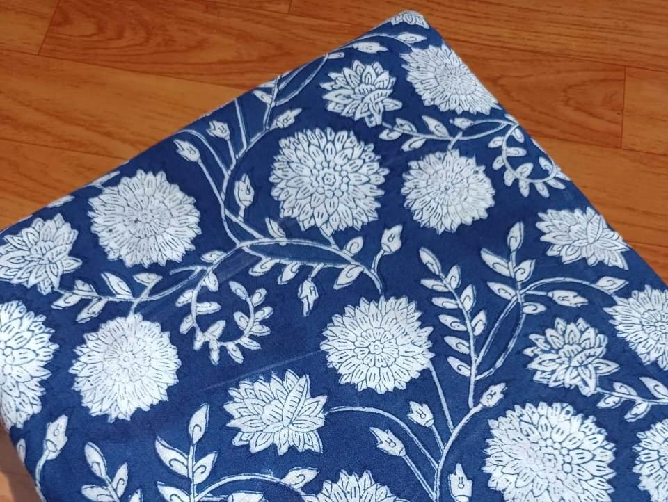 Indigo Blue Hand Block Print Cotton Fabric, White Floral Indian Fabric by the Yard, Soft Cotton for Quilting, Dressmaking, Running Fabric