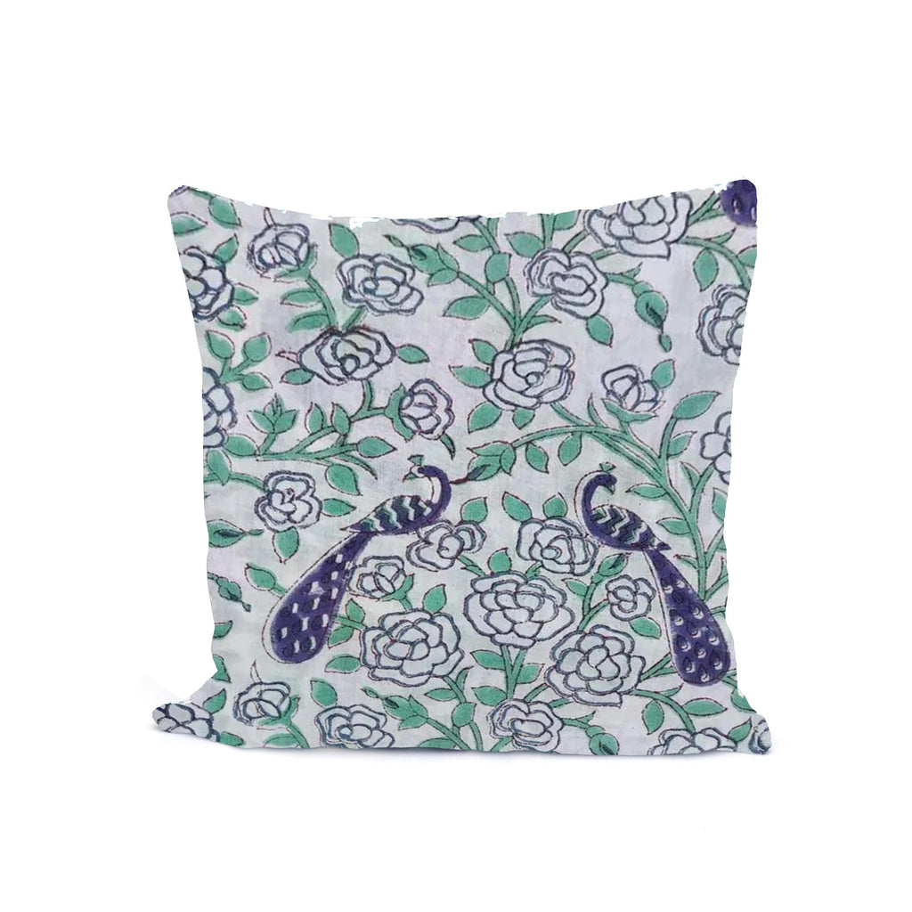 Peacock Block Print Cushion Cover, Indian Floral Pillow Cover Blue Green Cotton Throw Pillow, Handmade Decorative Cushion Bird Accent Pillow