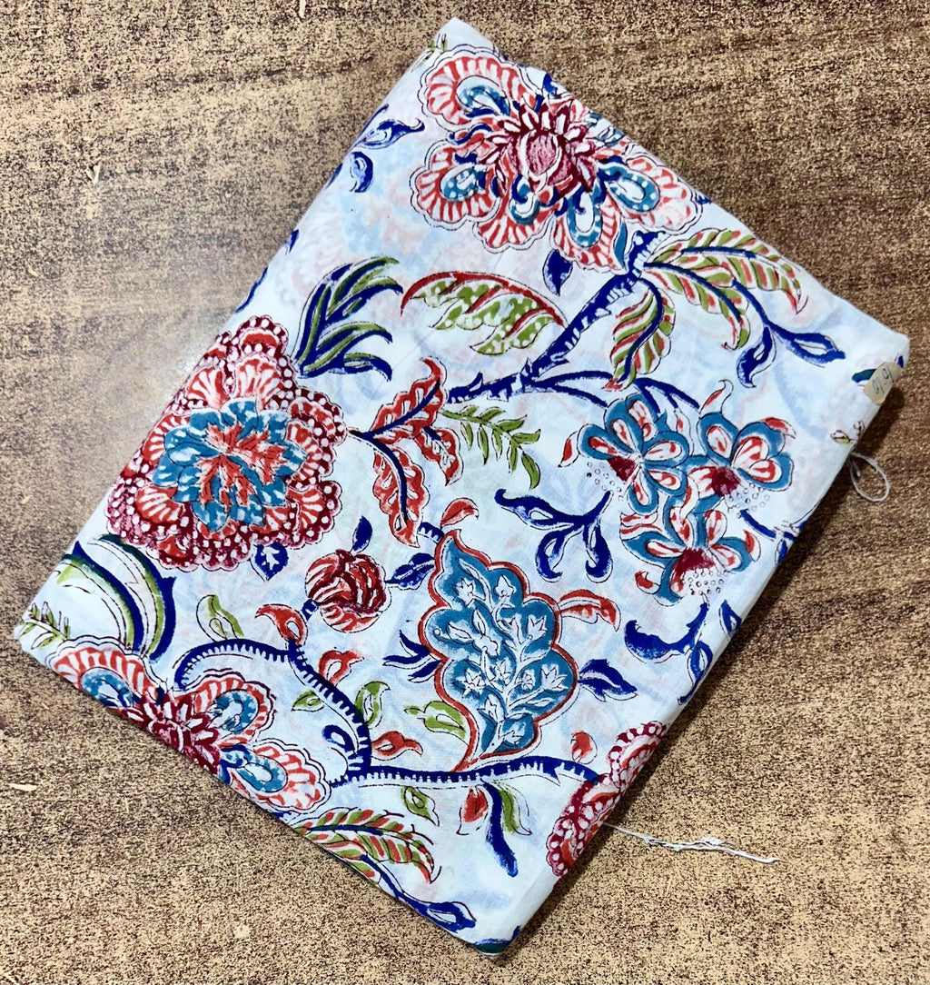 Light Blue Floral Cotton Fabric, Multi Color Hand Block Print By The Yard, Indian Soft Cotton For Quilting, Dressmaking and Seweing Crafts
