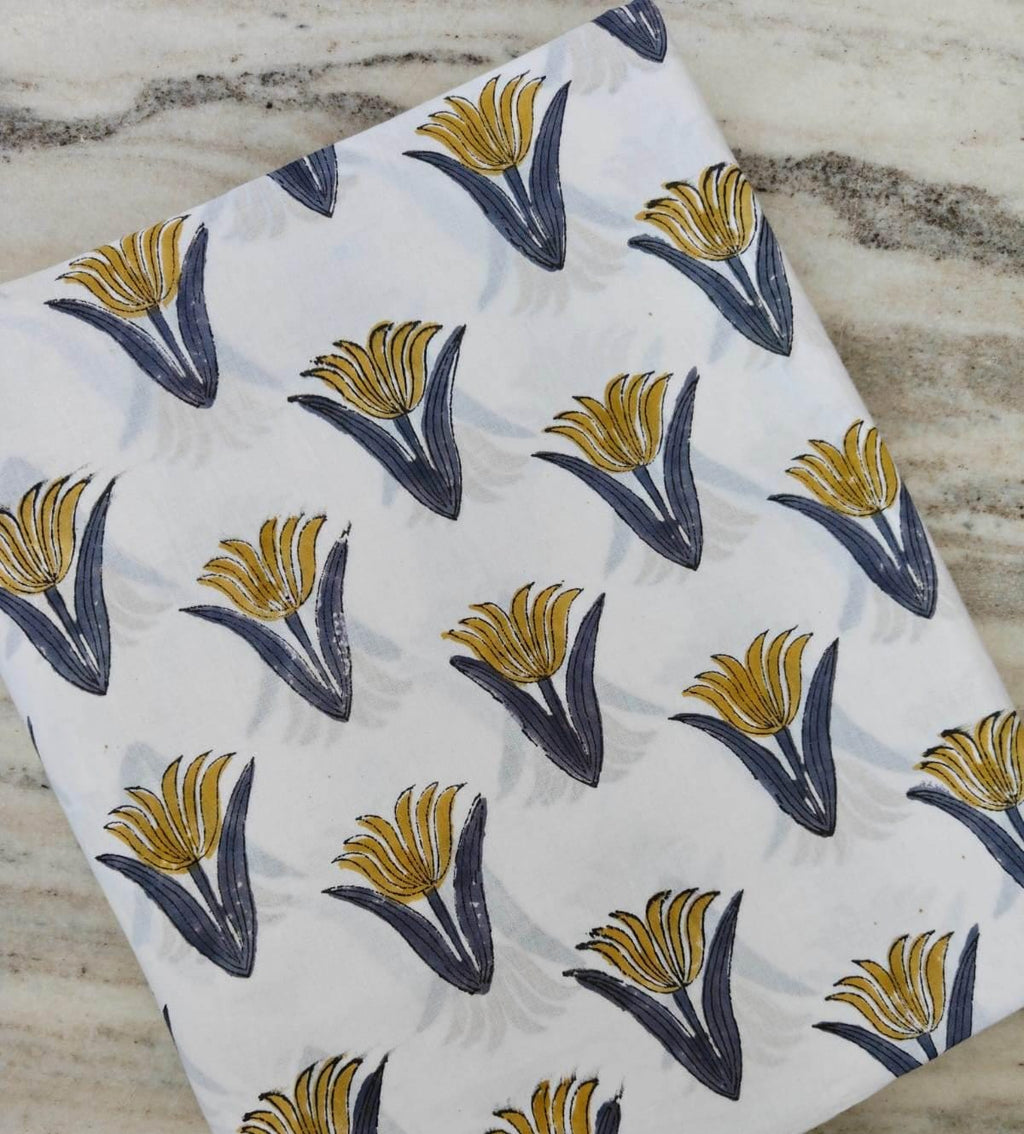 Mustard Yellow Floral Cotton Fabric, Minimalist Tulip Print, White Background Botanical Fabric, Modern Quilting Sewing Fabric By The Yard