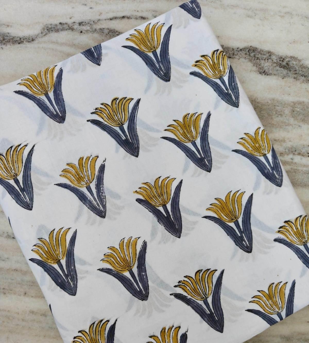 Mustard Yellow Floral Cotton Fabric, Minimalist Tulip Print, White Background Botanical Fabric, Modern Quilting Sewing Fabric By The Yard