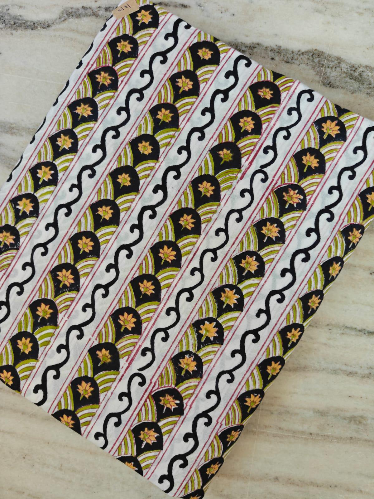 Black and White Cotton Fabric by Yard, Indian Hand Block Print Fabric, Geometric Floral Stripe Cotton Dressmaking, Quilting & Home Decor