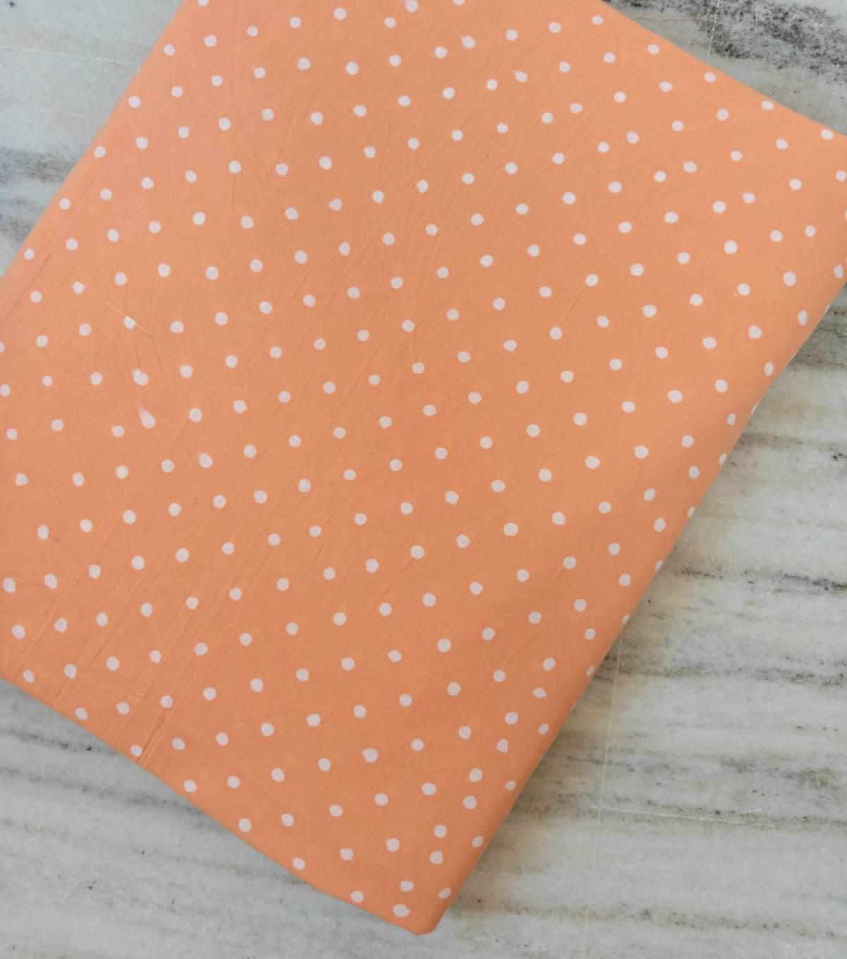 Peach Polka Dot Cotton Fabric, White Dots Printed Fabric, Soft Lightweight Cotton, Dressmaking Fabric, Quilting Material Craft Sewing Fabric