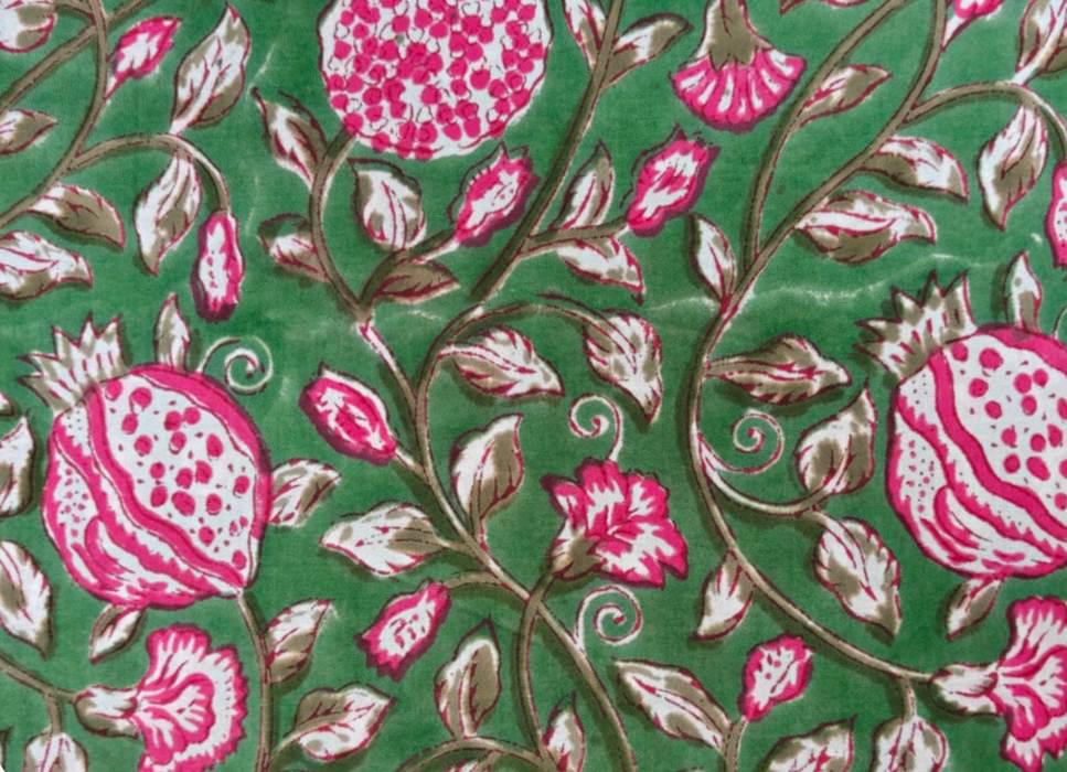 Green Soft Cotton, Indian Hand Block Print Fabric, Floral 100% Cotton Fabric By The Yard, Fabric for Loose Running, Textile Loose Fabric