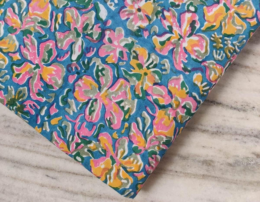 Blue Hand Block Printed Multicolor Fabric by the Yard, Indian Cotton for Sewing, Quilting, Women's Dressmaking Fabric, Floral Kurta Fabric