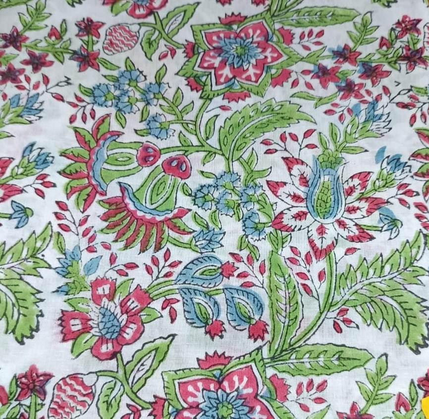 Soft Cotton, Indian Hand Block Print Fabric, Floral 100% Cotton Fabric By The Yard, Fabric for Loose Running, Dressmaking Fabric