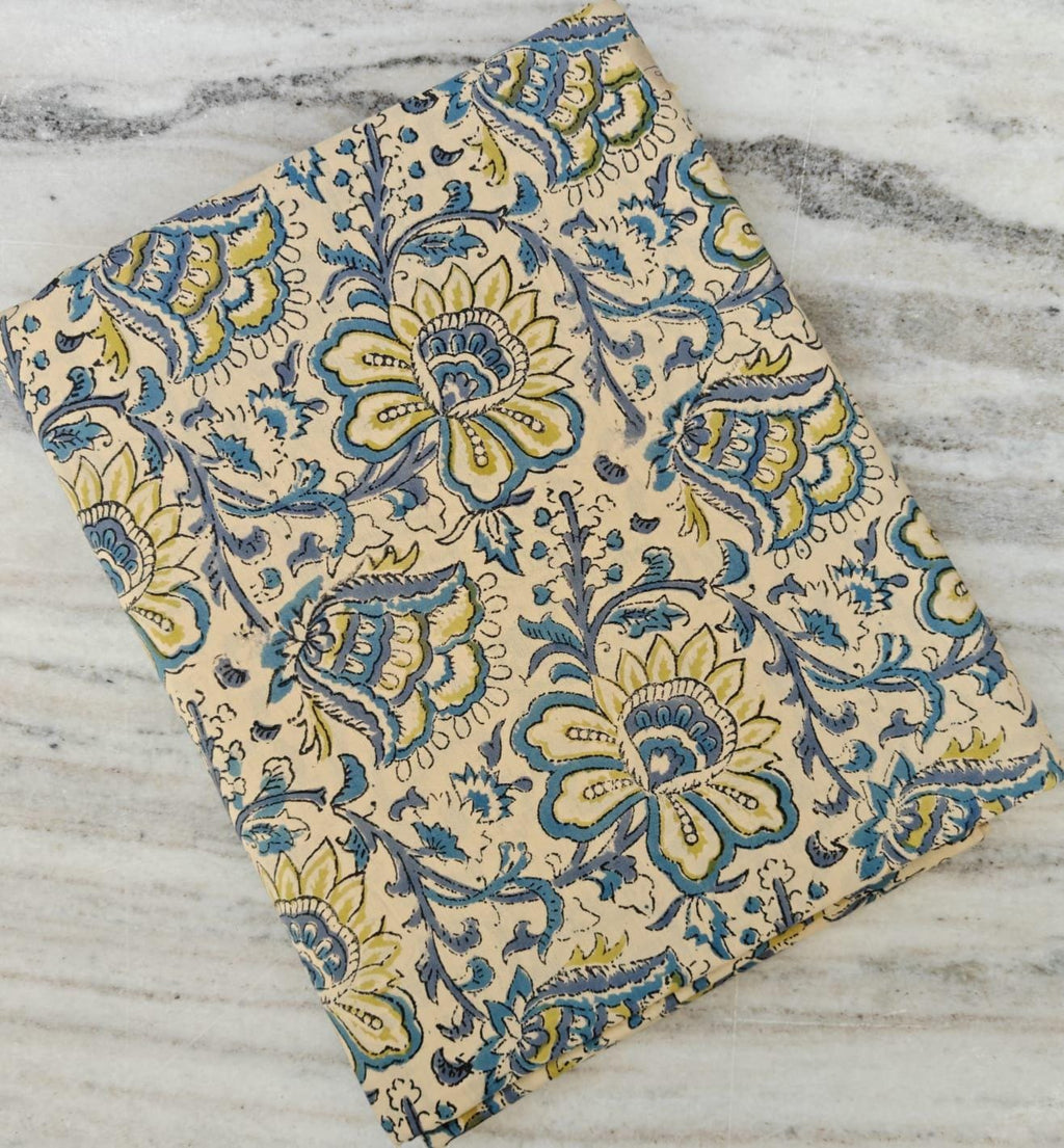 Blue and Yellow Floral Cotton Fabric by the Yard, Indian Block Print Fabric, Cream Botanical Vine Print, Quilting Dressmaking Craft Fabric