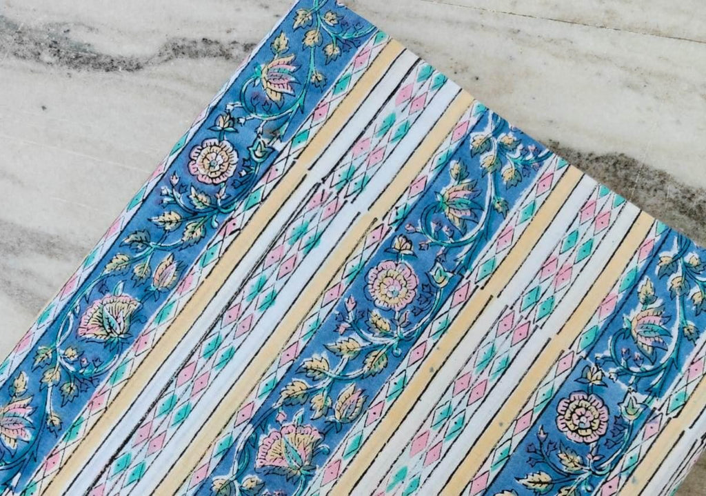 Blue, Pink & Yellow Stripe Indian Hand Block Print Fabric, Floral 100% Cotton Quilting Fabric By The Yard Fabric Dress Making Running Fabric