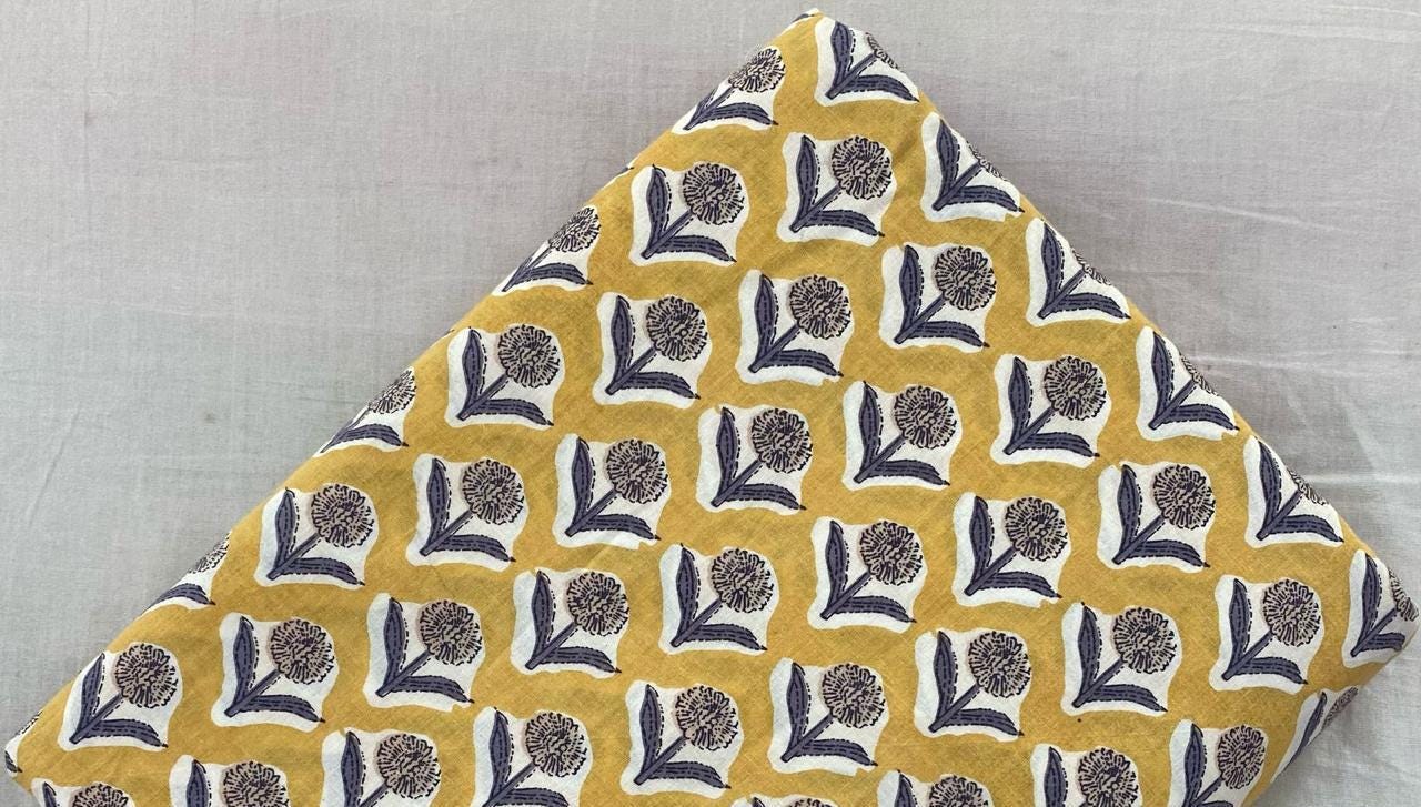 Yellow Floral Hand Block Print Cotton Fabric, Indian Soft Cotton by the Yard, Buti Pattern for Quilting, Dressmaking, Textile Fabric, Gifts