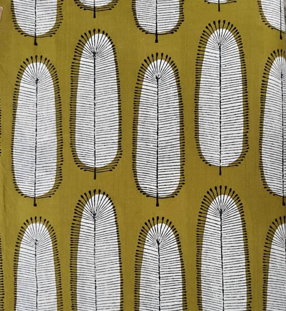Mustard Yellow Cotton Fabric with Feather Print | Modern Leaf Pattern | Soft Indian Fabric by the Yard for Quilting, Sewing & Dressmaking