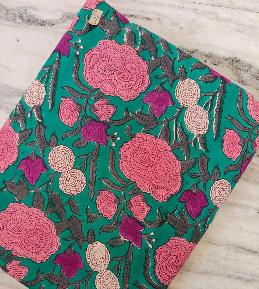 Green Floral Block Print Cotton Fabric, Pink Rose Indian Fabric, Hand Block Printed Cotton Yardage, Boho Dressmaking Quilting Craft Textile