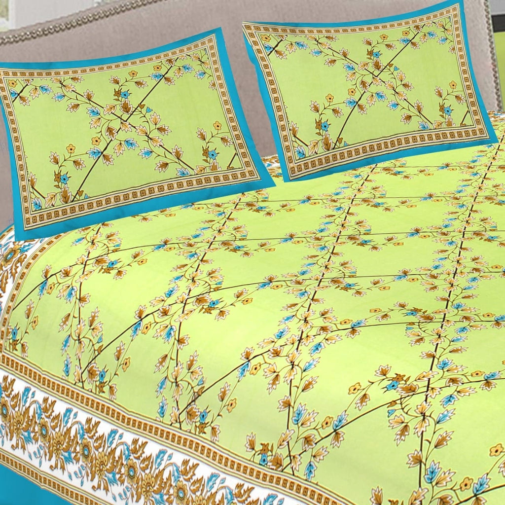 Handmade Yellow Color Print Cotton Bedsheet, 90x100 INCH, Block Print Bedsheet Floral Bed Spread, Queen Size Double Bed Sheet 2 Pillow Cover