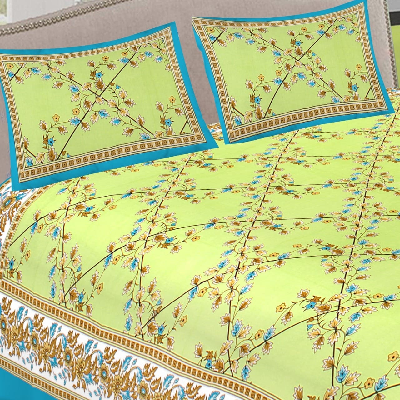 Handmade Yellow Color Print Cotton Bedsheet, 90x100 INCH, Block Print Bedsheet Floral Bed Spread, Queen Size Double Bed Sheet 2 Pillow Cover