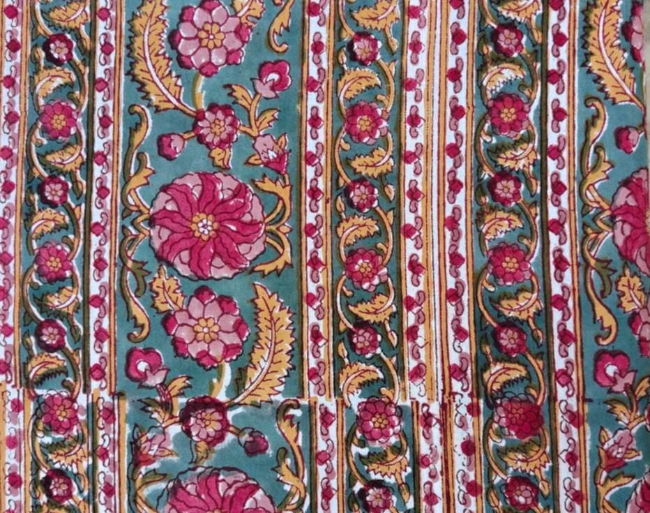 Teal Floral Cotton Fabric, Indian Block Print Fabric, Pink Flower Stripe Fabric, Boho Upholstery Fabric Quilting Sewing Craft Fabric by Yard