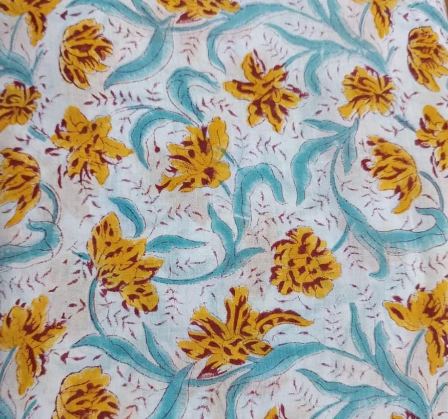 Soft Cotton, Indian Hand Block Print Fabric, Floral 100% Cotton Fabric By The Yard, Fabric for Loose Running, Dress Making, Textile Fabric