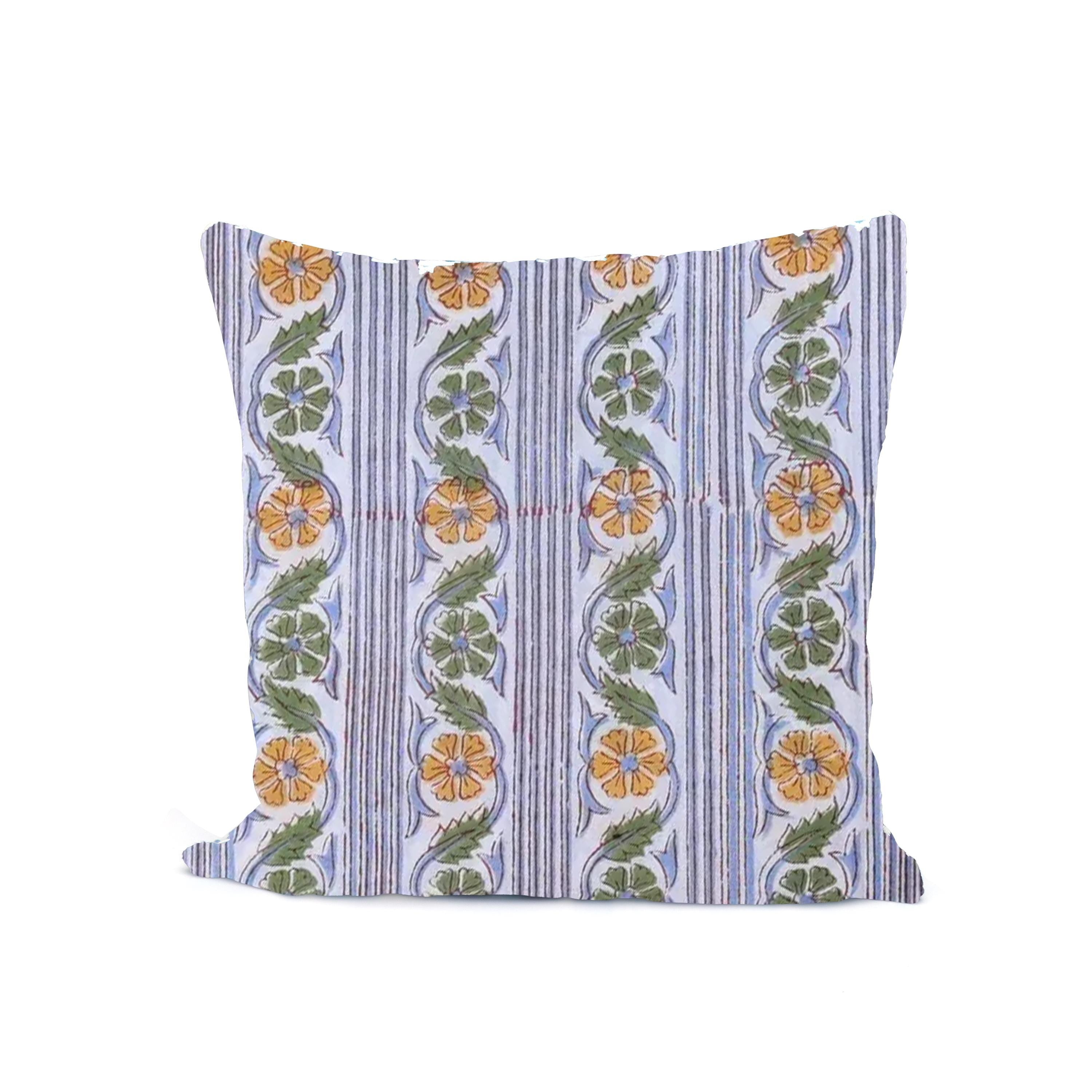 Striped Floral Cotton Cushion Cover, Yellow Green Block Print Pillow Cover, Handmade Decorative Throw Pillow, Boho Sofa Cushion, Cushion