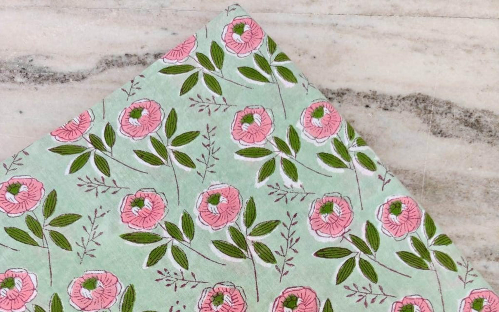 Beautiful Red Green Indian Hand Block Print Fabric, Floral 100% Cotton Quilting Fabric By The Yard, Chakra Design Fabric Dress Making