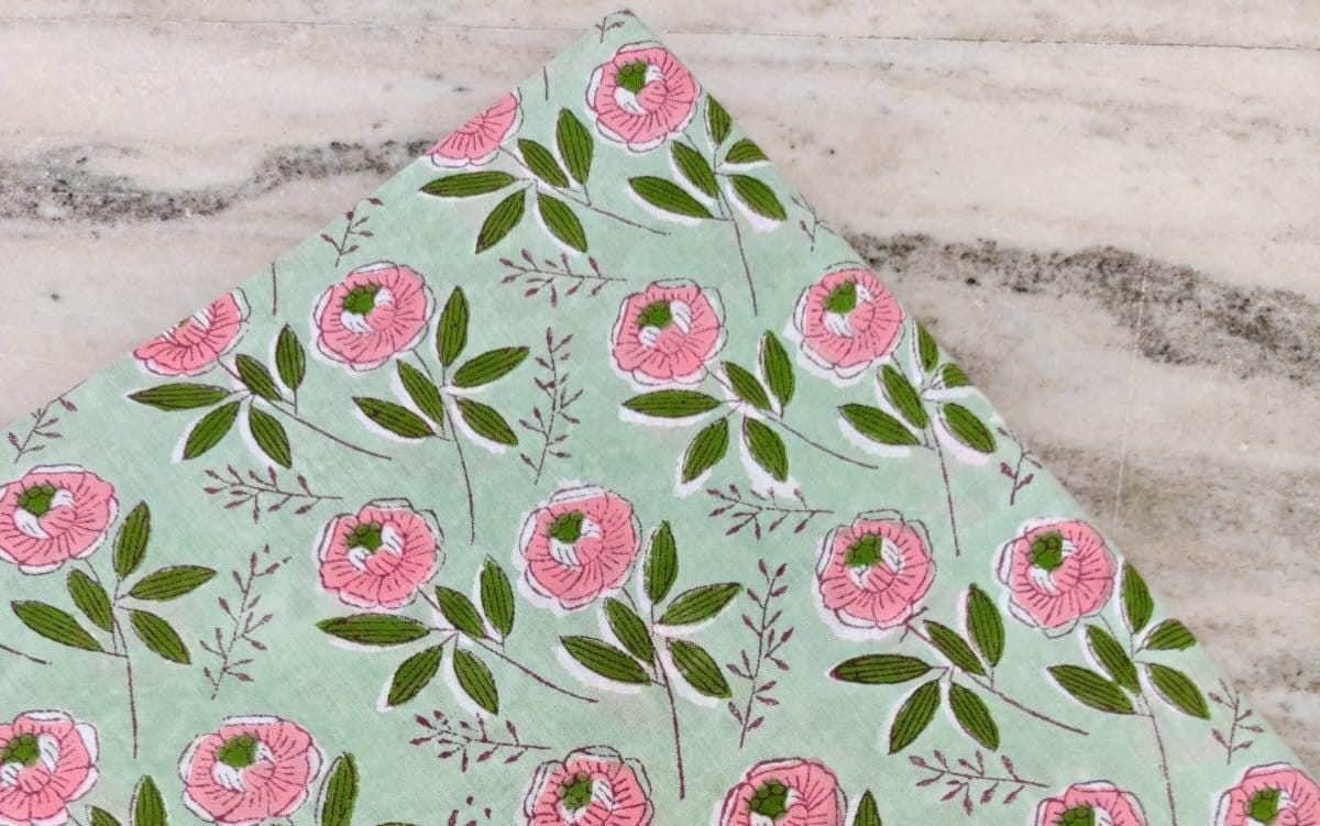Beautiful Red Green Indian Hand Block Print Fabric, Floral 100% Cotton Quilting Fabric By The Yard, Chakra Design Fabric Dress Making