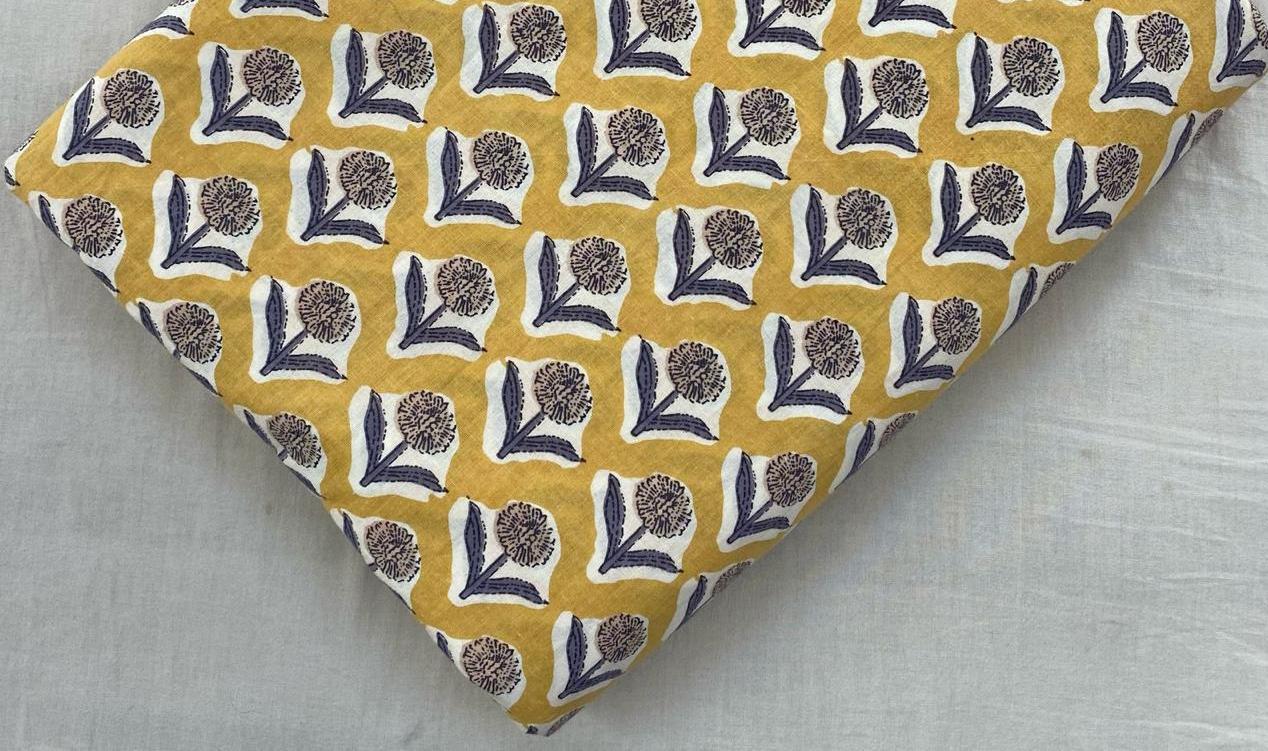 Yellow Floral Hand Block Print Cotton Fabric, Indian Soft Cotton by the Yard, Buti Pattern for Quilting, Dressmaking, Textile Fabric, Gifts