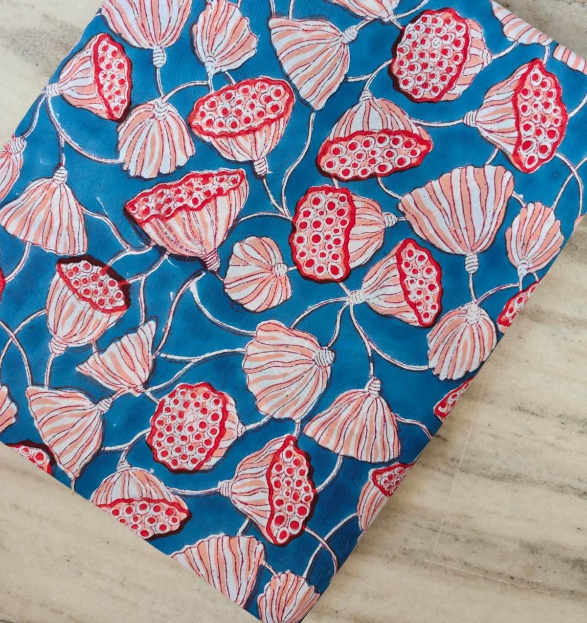 Teal Blue Floral Cotton Fabric, Hand Block Print Lotus Pod Pattern Fabric, Indian Cotton Fabric by the Yard, Fabric For Dress Making, Napkin