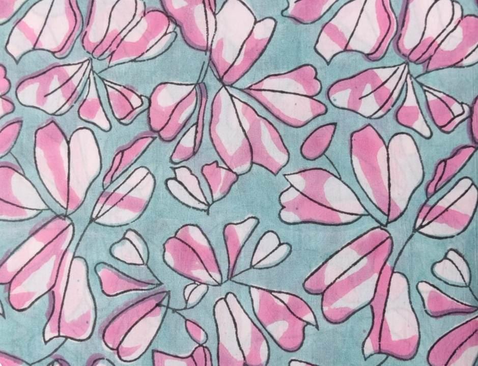 Aqua Blue Pink Floral Cotton Fabric, Soft Printed Cotton Material by the Yard, Quilting, Dressmaking, Hand Block Fabric, Textile Fabric