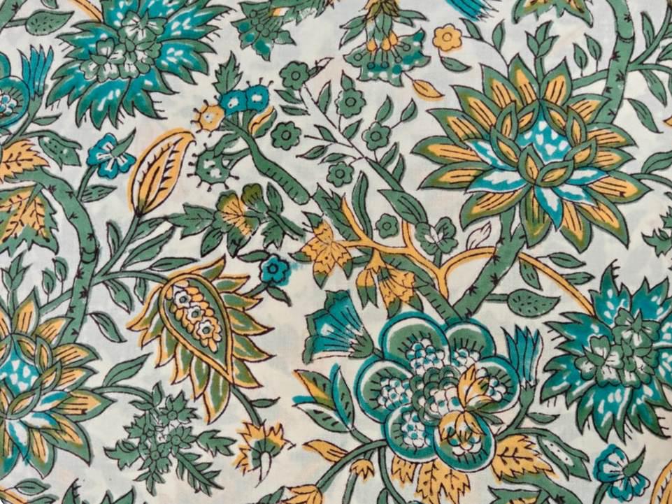 Hand Block Printed Cotton Fabric by Yard, Floral Print Fabric, Teal Green Yellow Fabric Sewing, Quilting, Dressmaking, Craft Cotton Fabric