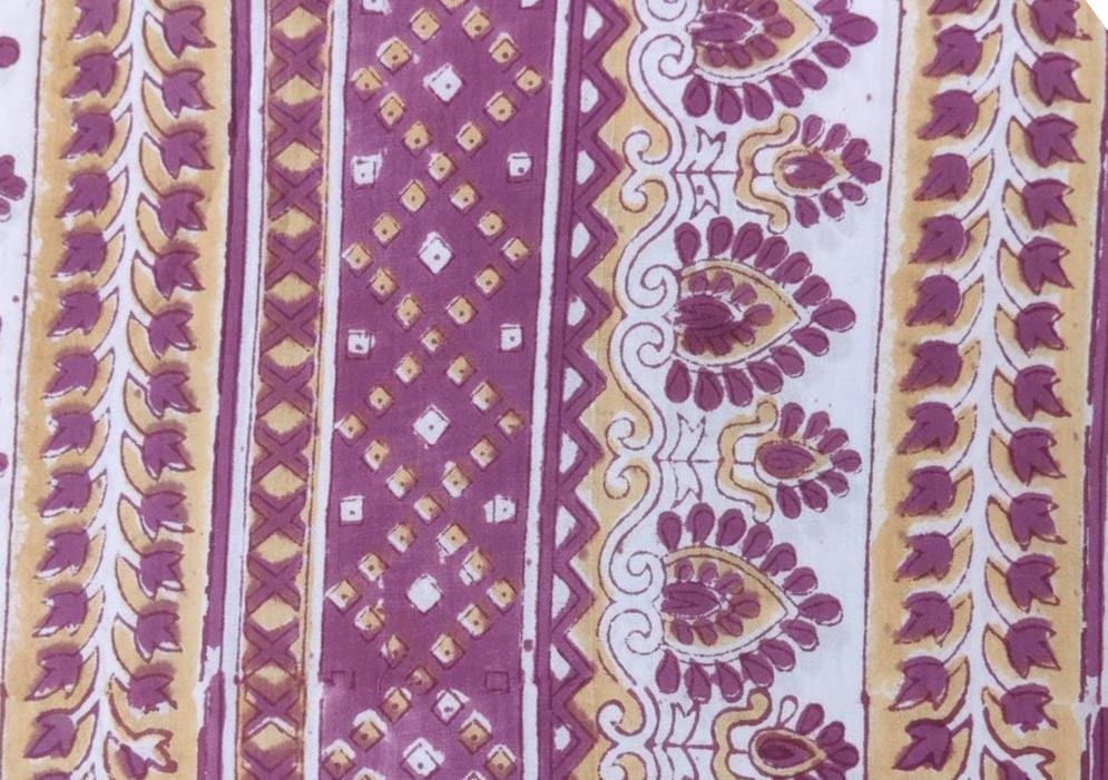 White Cotton Fabric with Pink Floral Stripes, Indian Hand Block Print Fabric by the Yard, Soft Cotton for Quilting, Sewing, Dressmaking