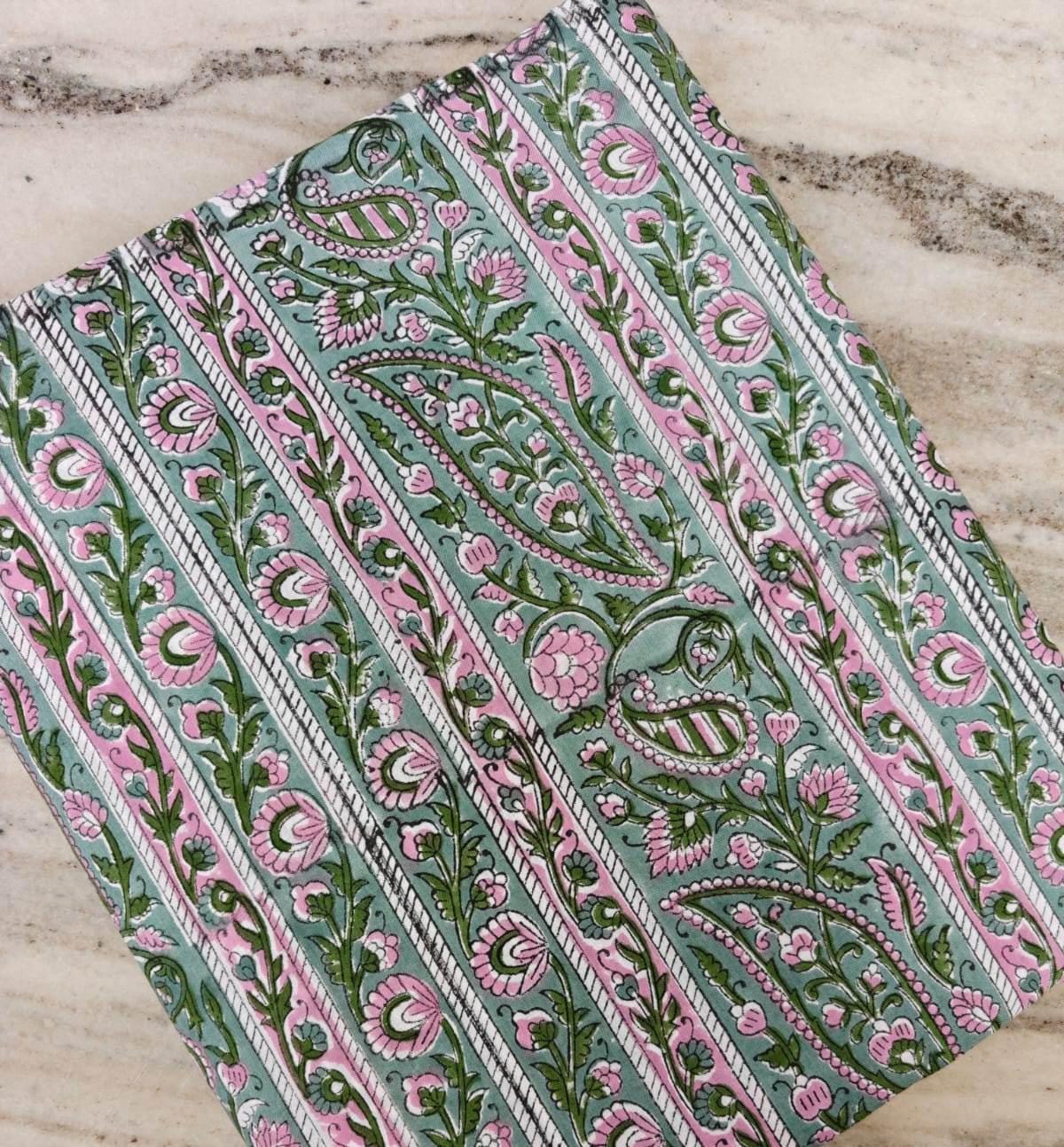 Hand Block Print Cotton Fabric, Paisley Stripe Floral Fabric, Indian Cotton Yardage, Green Pink Boho Fabric, Sewing Quilting Craft Fabric