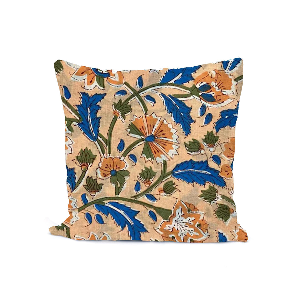 Beige Floral Cotton Cushion Cover, Hand Block Print Pillow Cover, Blue Orange Flower Throw Pillow, Boho Decorative Cushion, Gifr For Her
