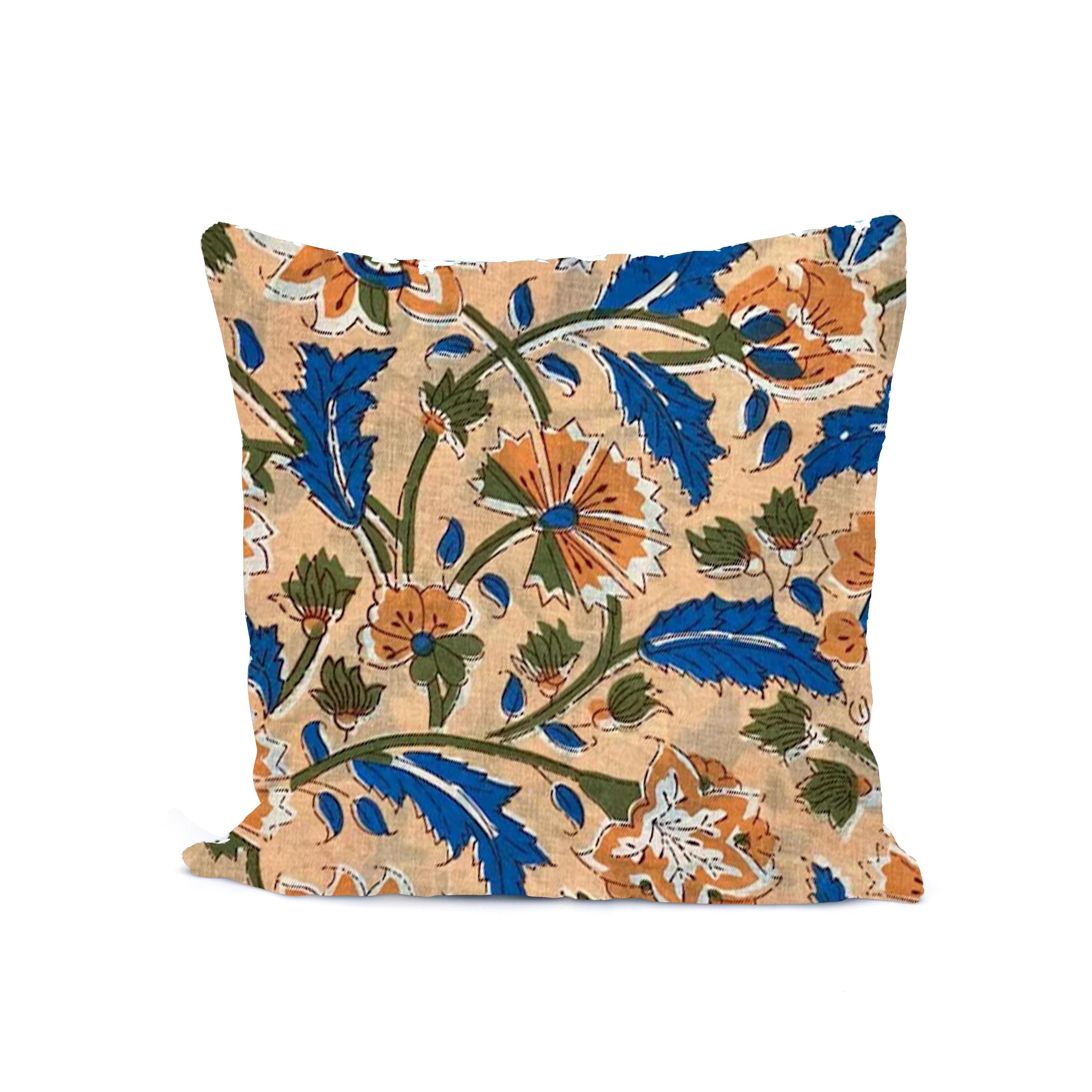 Beige Floral Cotton Cushion Cover, Hand Block Print Pillow Cover, Blue Orange Flower Throw Pillow, Boho Decorative Cushion, Gifr For Her