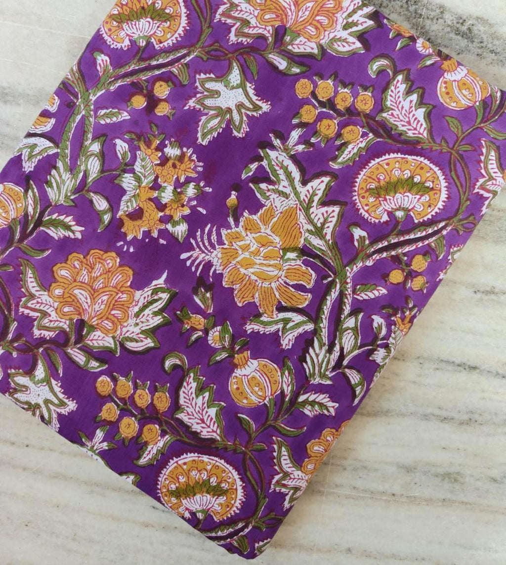 Purple Floral Cotton Fabric, Indian Block Print Fabric by the Yard, Mustard Yellow Botanical Print, Quilting Sewing Fabric, Apparel Fabric