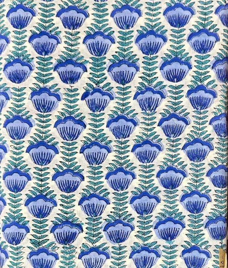Hand Block Print Cotton Fabric – Blue Floral Indian Print, Soft Natural Cotton Textile for Sewing, Quilting & Crafts | Napkins Fabric, Table