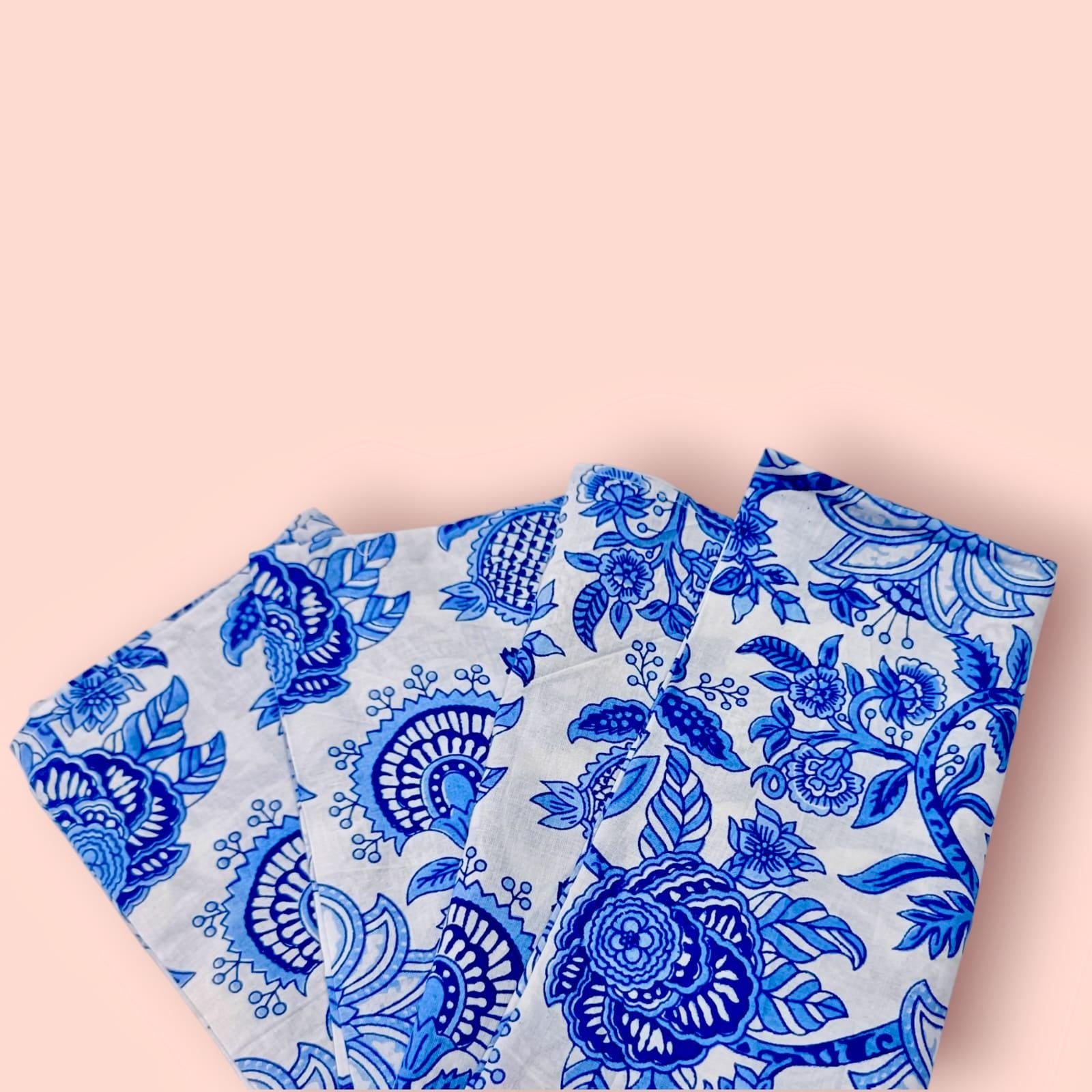 Blue Floral Cotton Napkins | Hand Block Print Dinner Napkin Set | Indian Cloth Napkins Table Decor | Eco-Friendly Reusable Fabric Napkins