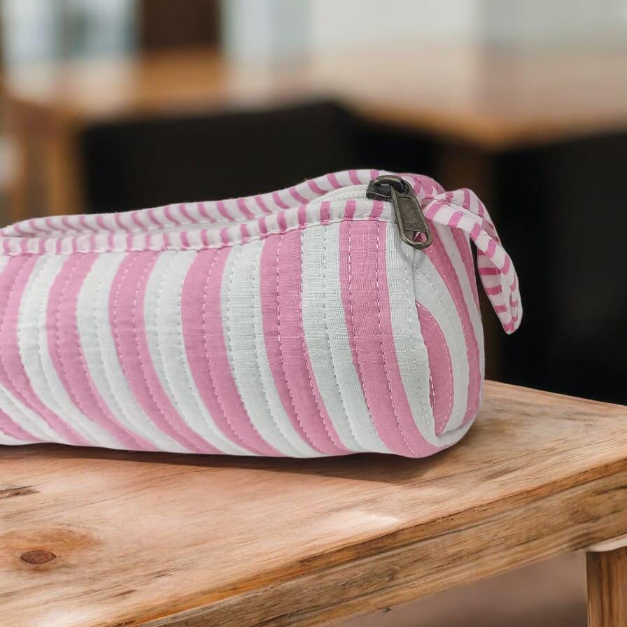 Pink Cotton Pencil Case, Hand Block Cotton Fabric Pencil Case, Christmas Gift, Gift For Wife, Birthday Gift, Pencil Case, Pink Quilted Pouch