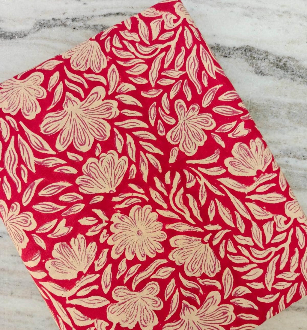 Red Floral Cotton Fabric, Beige Leaf Block Print, Indian Hand Printed Fabric by Yard, Quilting Sewing Dressmaking, Loose Running Fabrics