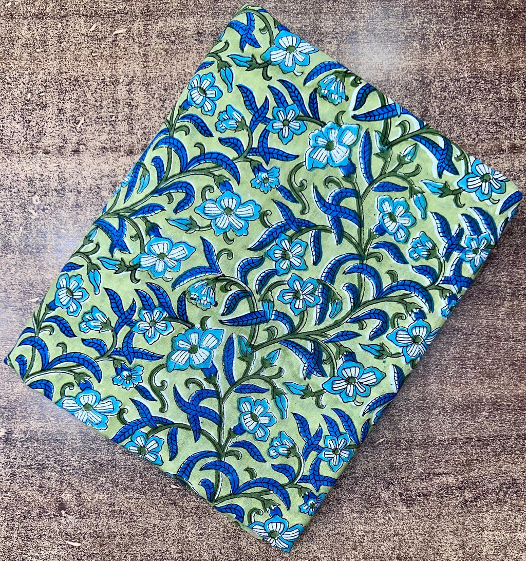 Indian Hand Block Green Blue Floral Printed Fabric By The Yard Running Cotton Fabric, Soft Lightweight Fabric, Loose Running Fabric, Napkins