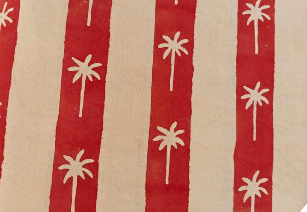 Red Palm Tree Print Cotton Fabric, Tropical Stripe Hand Block Fabric, Cute Block Print Fabric by the Yard, Loose Running Napkins Fabric
