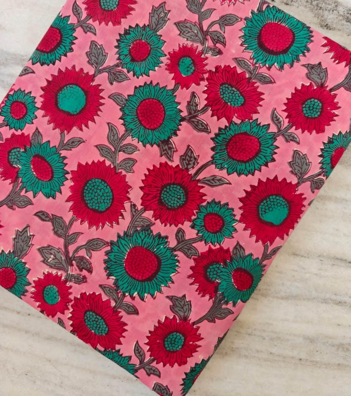 Pink Floral Cotton Fabric by the Yard, Red and Teal Flower Print, Block Print Style Fabric, Quilting Sewing Craft, Indian Floral Textile