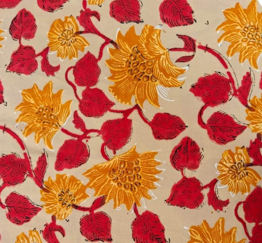 Mustard Yellow Red Floral Block Print Cotton Fabric, Retro Design Yellow Paisley Indian Hand Block Fabric by the Yard Soft Upholstery Fabric